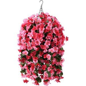 Artificial Hanging Flowers with Basket for Outdoors Spring Decor, Faux Plants